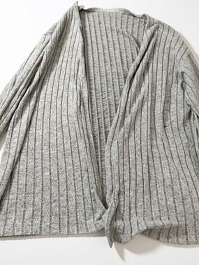 Gray Ribbed Open Front Draped Cardigan Sweater 4XL
